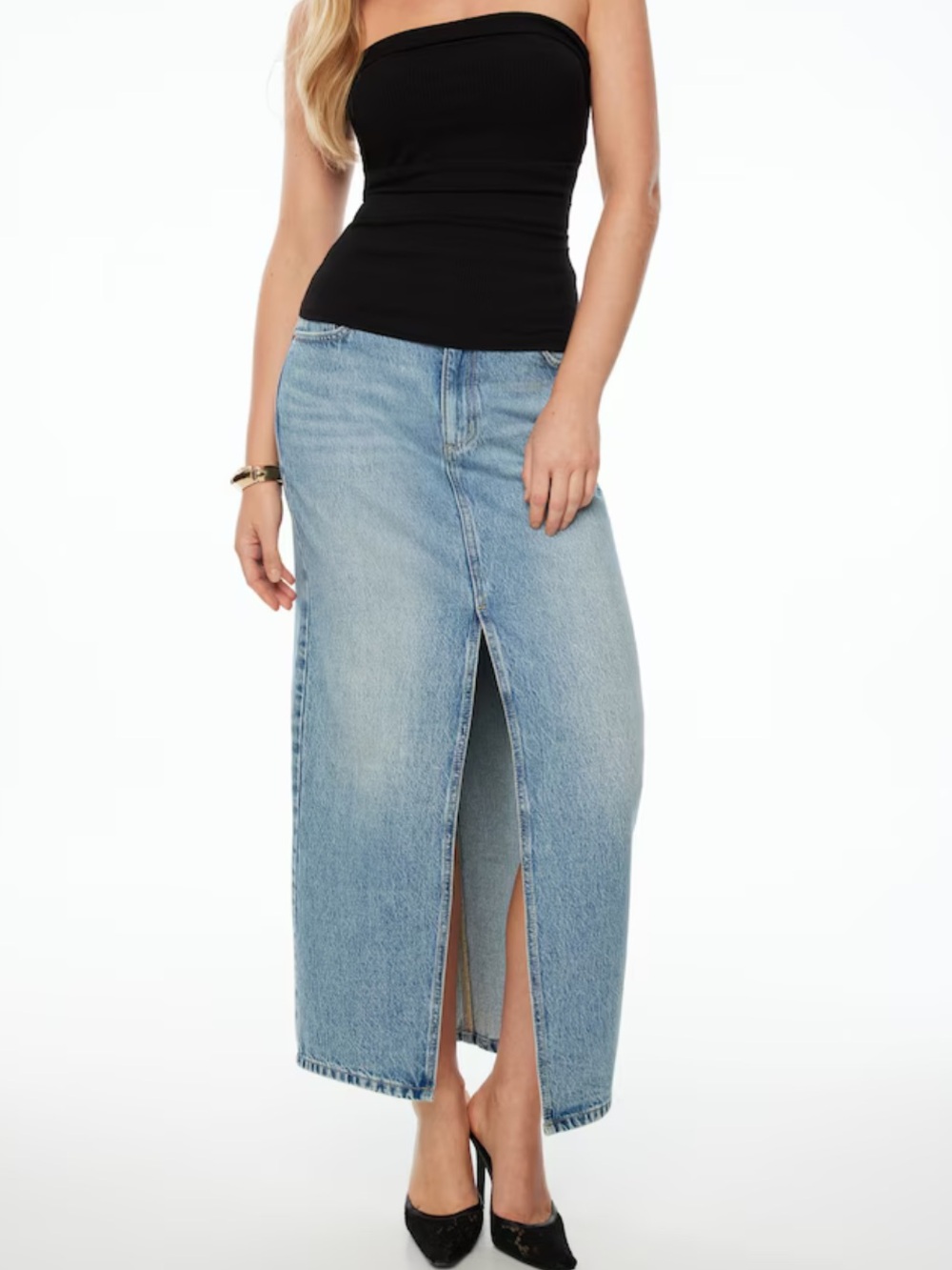 Dynamite Denim Maxi Skirt Garage Light Wash Jean Long Skirt with Front Slit S
